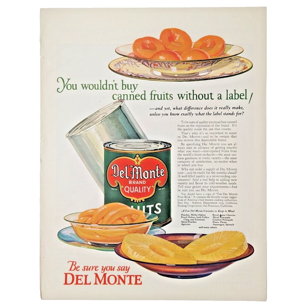 Del Monte Antique Print Ad c1920s Canned Fruit Peaches Kitchen Pantry Wall Decor